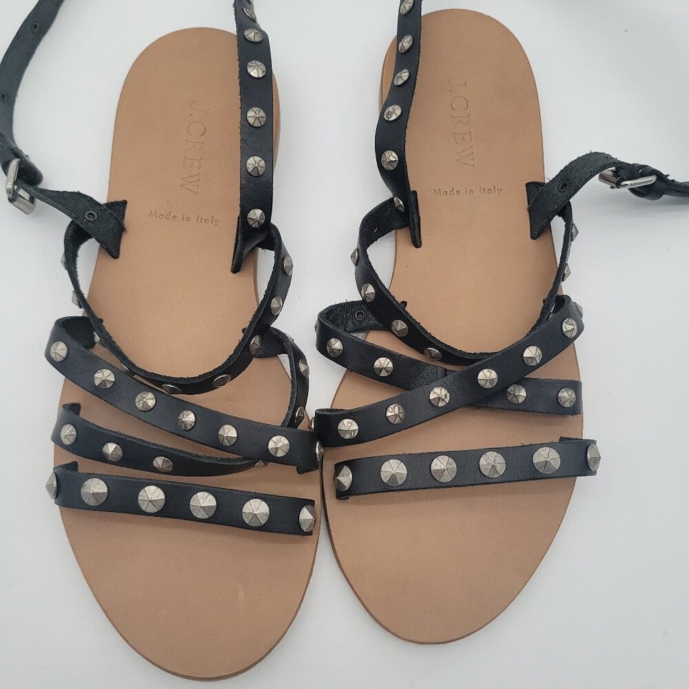 NWO J. Crew, leather made in Italy, sandal Black Studded with Silver. Size 7